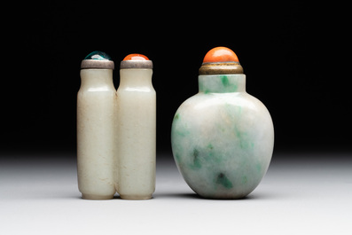 A Chinese jade conjoined double-snuff bottle and a jade 'lily' snuff bottle, 19th C.