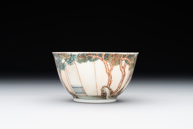 An exceptional Chinese famille rose semi-eggshell porcelain cup and saucer with fine figural design, Yongzheng