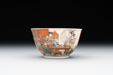 An exceptional Chinese famille rose semi-eggshell porcelain cup and saucer with fine figural design, Yongzheng