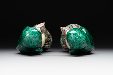 A pair of Chinese verte biscuit parrots, 19th C.