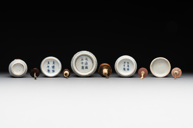 Five Chinese blue, white and copper-red snuff bottles, 19/20th C.