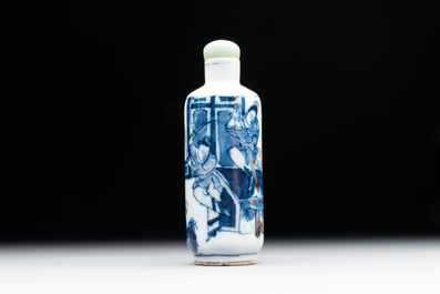A Chinese blue, white and copper-red 'warriors' snuff bottle, Kangxi mark, 19th C.