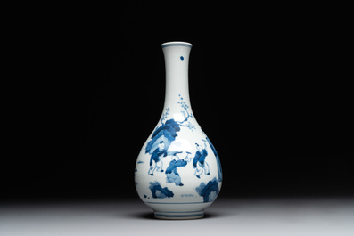 A Chinese blue and white bottle vase with court ladies and playing boys, Chenghua mark, Kangxi