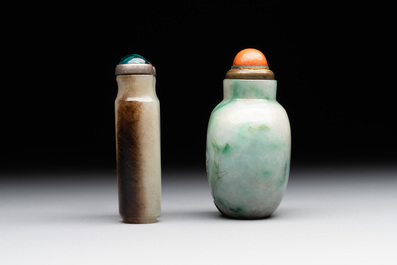 A Chinese jade conjoined double-snuff bottle and a jade 'lily' snuff bottle, 19th C.