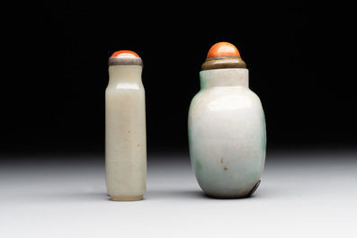 A Chinese jade conjoined double-snuff bottle and a jade 'lily' snuff bottle, 19th C.