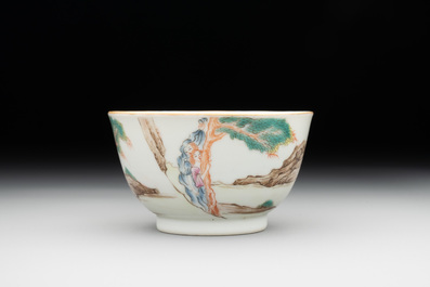A Chinese famille rose 'Don Quixote' cup and saucer, 18/19th C.