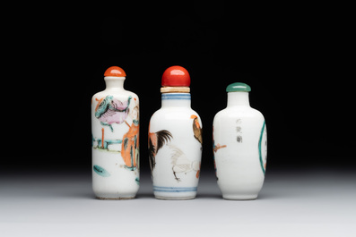 Two Chinese famille rose snuff bottles and a 'Wu Shuang Pu' snuff bottle, Tongzhi mark and of the period