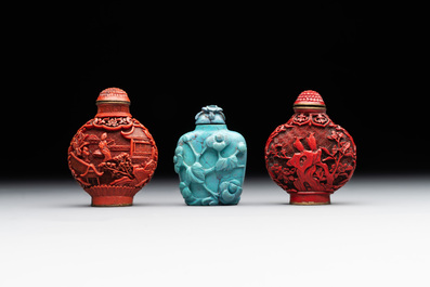 A Chinese carved turquoise snuff bottle and two red lacquer snuff bottles, Qianlong mark, 19/20th C.