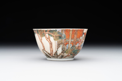 An exceptional Chinese famille rose semi-eggshell porcelain cup and saucer with fine figural design, Yongzheng
