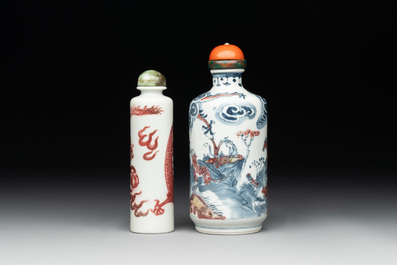 A Chinese blue, white and copper-red snuff bottle with the zodiac and a copper-red 'dragon' snuff bottle, 18/19th C.
