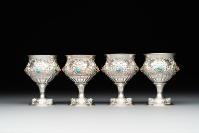 A rare Chinese silver, enamel and hardstone coffee set with matching tray, 20th C.
