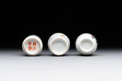 Two Chinese famille rose snuff bottles and a 'Wu Shuang Pu' snuff bottle, Tongzhi mark and of the period