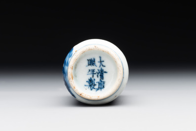 A Chinese blue, white and copper-red 'warriors' snuff bottle, Kangxi mark, 19th C.