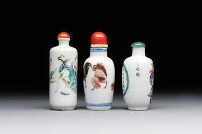 Two Chinese famille rose snuff bottles and a 'Wu Shuang Pu' snuff bottle, Tongzhi mark and of the period