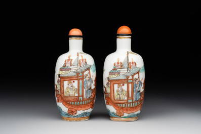 A pair of fine Chinese famille rose 'dragon boat' snuff bottles, 19th C.