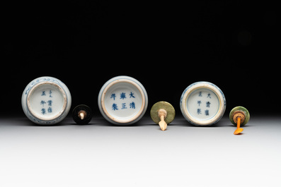 Three Chinese blue, white and copper-red snuff bottles, 19/20th C.