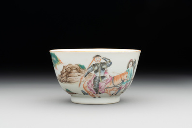 A Chinese famille rose 'Don Quixote' cup and saucer, 18/19th C.