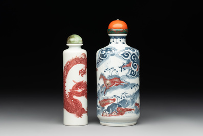 A Chinese blue, white and copper-red snuff bottle with the zodiac and a copper-red 'dragon' snuff bottle, 18/19th C.