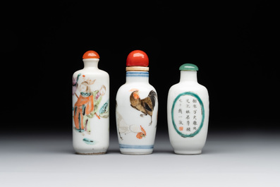 Two Chinese famille rose snuff bottles and a 'Wu Shuang Pu' snuff bottle, Tongzhi mark and of the period