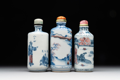Three Chinese blue, white and copper-red snuff bottles, 19/20th C.