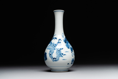 A Chinese blue and white bottle vase with court ladies and playing boys, Chenghua mark, Kangxi