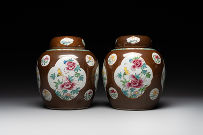 A pair of Chinese capucin-brown-ground famille rose covered jars with floral design, Yongzheng/Qianlong