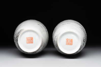 A pair of Chinese polychrome 'snow scene' vases, Jing De Zhen Zhi 景德鎮製 mark, dated 1979