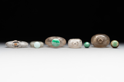 Five Chinese rock crystal and needle agate snuff bottles, Qing