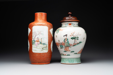 A Chinese famille rose coral-red-ground vase and a famille verte vase, 19th C.