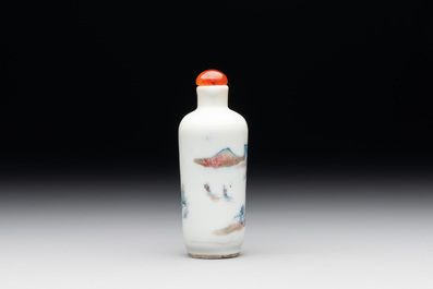 A Chinese blue, white and copper-red 'landscape' snuff bottle, 19th C.