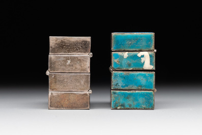 A pair of four-fold Chinese enamelled and engraved silver medicine bottles, 19th C.