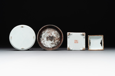 A Chinese famille rose covered seal paste box and a square famille verte covered censer, Qianlong mark, 19th C.