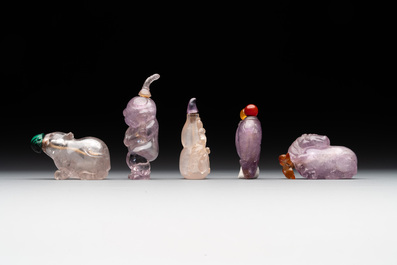 Five Chinese amethyst animal-form snuff bottles, 19/20th C.