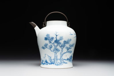 A fine Chinese blue and white 'Bleu de Hue' 'landscape' teapot with bronze mount, Chenghua mark, 18/19th C.