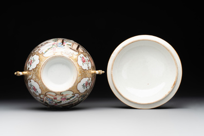 A Chinese Canton famille rose bowl and cover with figures in a landscape, Qianlong