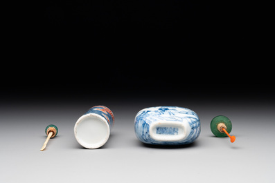 A Chinese blue and white 'figurative' snuff bottle and a blue, white and iron-red 'dragon' snuff bottle, Qianlong mark, 19th C.