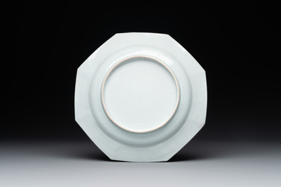 A Chinese octagonal famille rose ruby border plate with a flower basket, Yongzheng