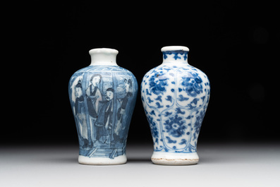 Two Chinese blue, white and copper-red snuff bottles, Yongzheng mark, 18/19th C.