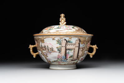A Chinese Canton famille rose bowl and cover with figures in a landscape, Qianlong