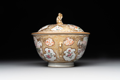 A Chinese Canton famille rose bowl and cover with figures in a landscape, Qianlong