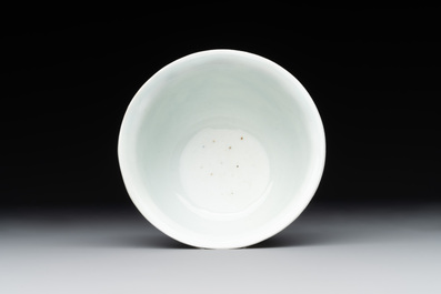 A Chinese blue and white stem cup with scholars in a landscape, Transitional period