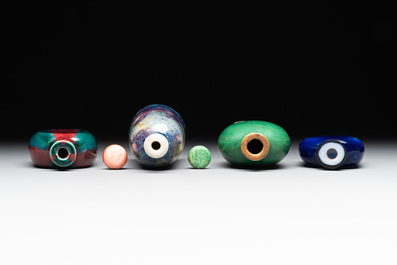 Nine monochrome Chinese porcelain and glass snuff bottles, 19/20th C.