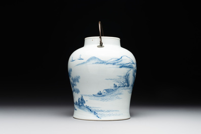 A fine Chinese blue and white 'Bleu de Hue' 'landscape' teapot with bronze mount, Chenghua mark, 18/19th C.
