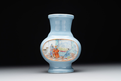 A Chinese famille rose lavender-ground vase with narrative design, Yongzheng mark, Republic
