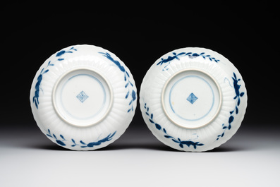Five fine Chinese blue and white cups and saucers, 19th C.