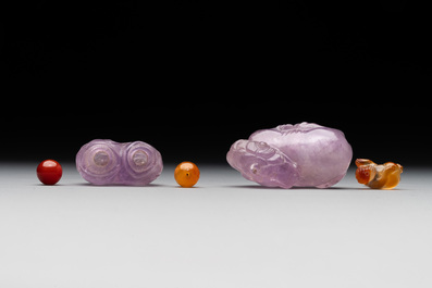 Five Chinese amethyst animal-form snuff bottles, 19/20th C.