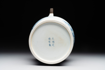 A fine Chinese blue and white 'Bleu de Hue' 'landscape' teapot with bronze mount, Chenghua mark, 18/19th C.
