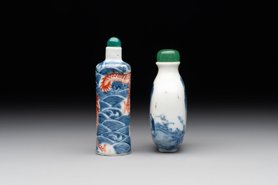 A Chinese blue and white 'figurative' snuff bottle and a blue, white and iron-red 'dragon' snuff bottle, Qianlong mark, 19th C.