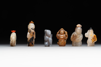 Six Chinese carved jade and agate 'figural' snuff bottles, 19/20th C.