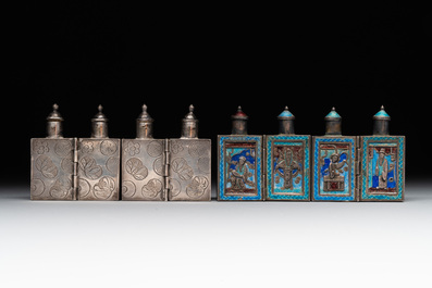 A pair of four-fold Chinese enamelled and engraved silver medicine bottles, 19th C.